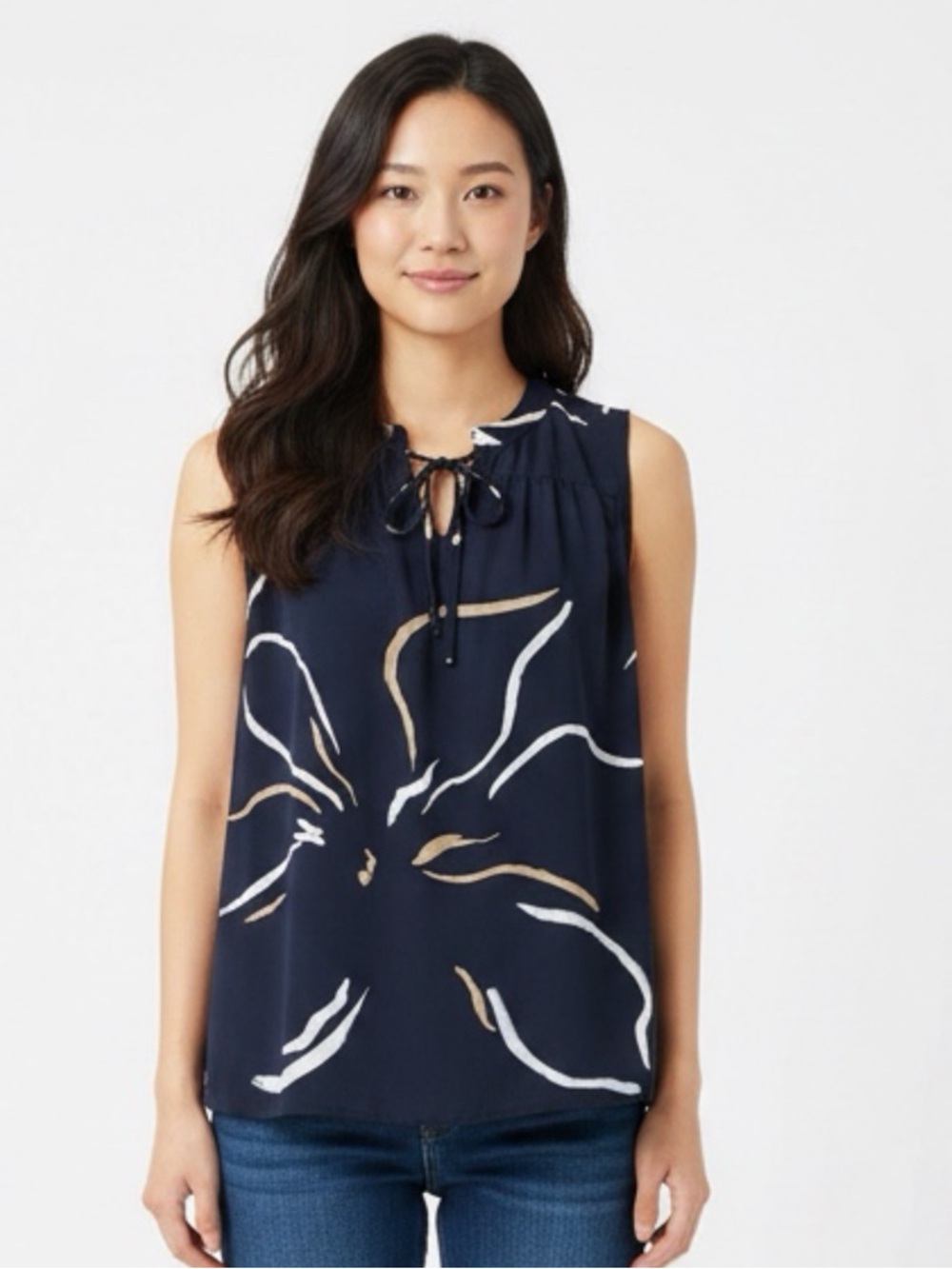 Ann Taylor Women's Navy Sleeveless Keyhole Tie Front V-Neck Tunic Top Flower M